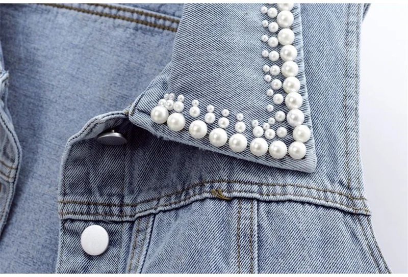 Denim Jacket Waistcoat Women's Spring Summer 2024 New Slim Pearls Beaded Sleeveless Coat Female Short Casual Vest Outwear Tops