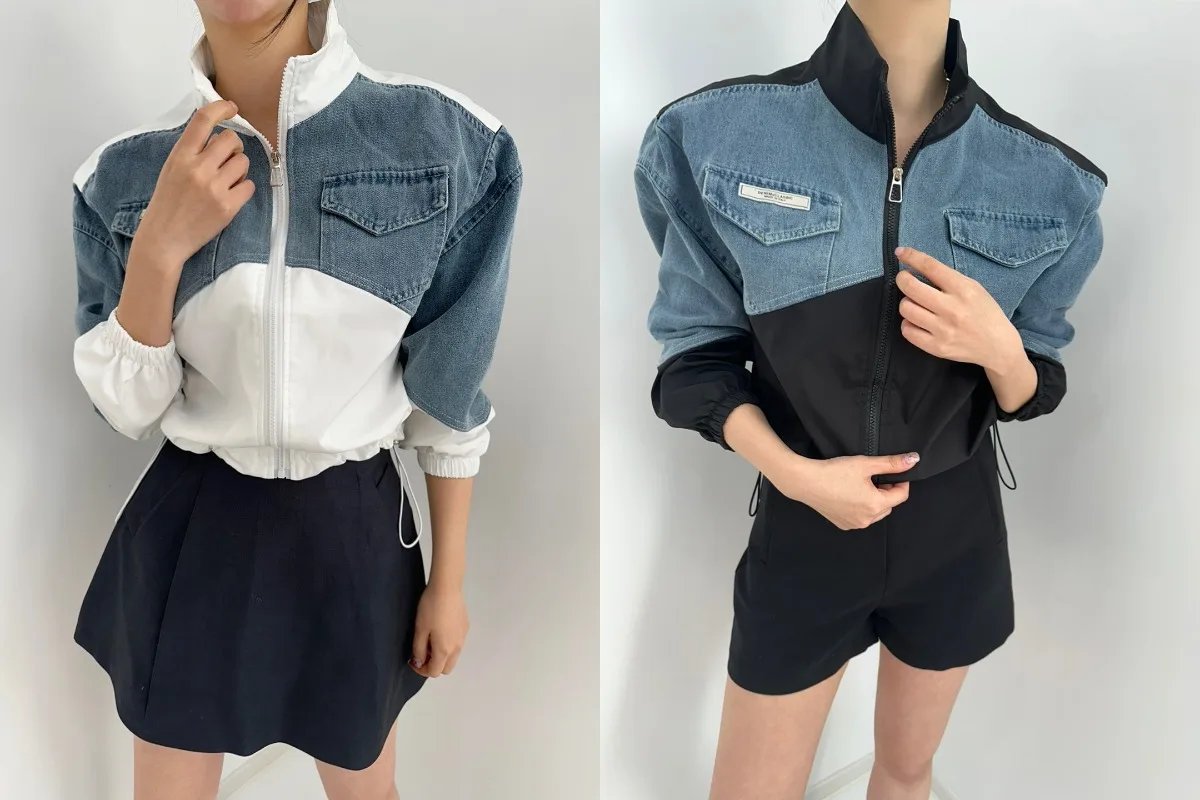 2024 Spring Korean Chic Retro Color Contrast Patchwork Denim Jacket Coat Women Clothes Casual Loose Long Sleeve Crop Tops Female