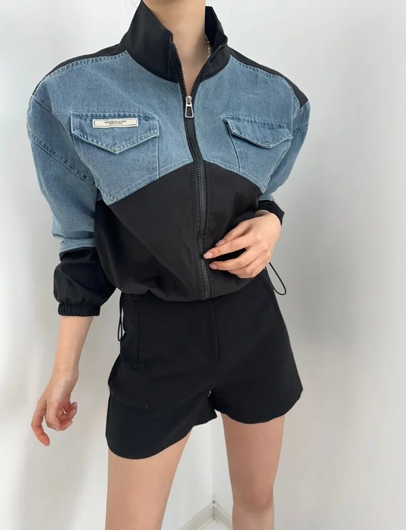 2024 Spring Korean Chic Retro Color Contrast Patchwork Denim Jacket Coat Women Clothes Casual Loose Long Sleeve Crop Tops Female