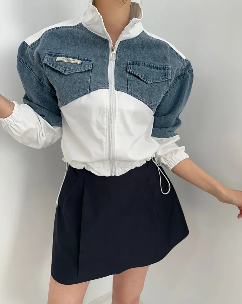 2024 Spring Korean Chic Retro Color Contrast Patchwork Denim Jacket Coat Women Clothes Casual Loose Long Sleeve Crop Tops Female