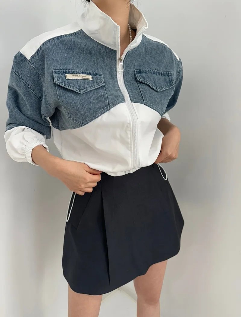 2024 Spring Korean Chic Retro Color Contrast Patchwork Denim Jacket Coat Women Clothes Casual Loose Long Sleeve Crop Tops Female