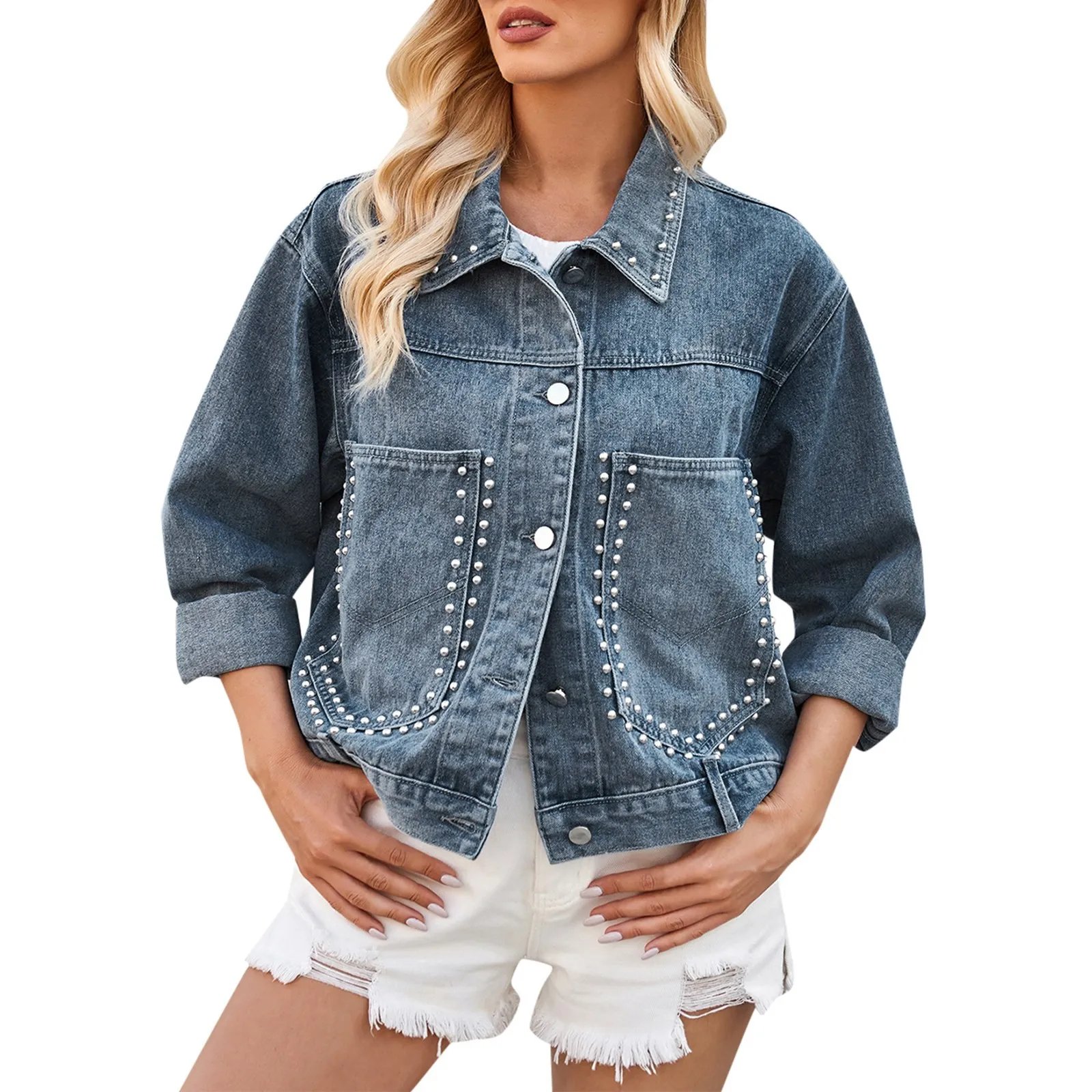 Women Spring Casual Punk Denim Coats Washed Loose Denim Top Jacket With Rivet Lapel Pocketed Ladies Fashion Street Jeans Coats