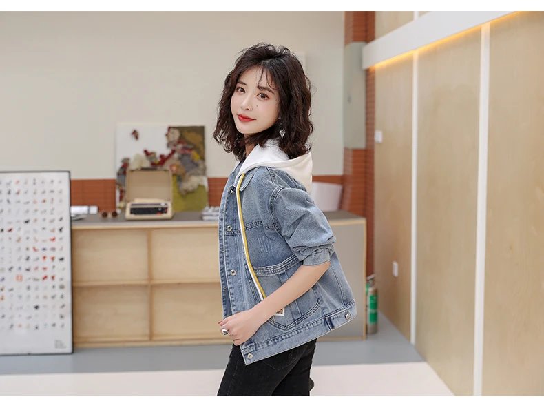 Denim Jacket for Women Blue Hooded Patchwork Outerwear Spring Autumn Woman Jean Coat Cowgirl Clothing 2024 Trend New Arrivals In
