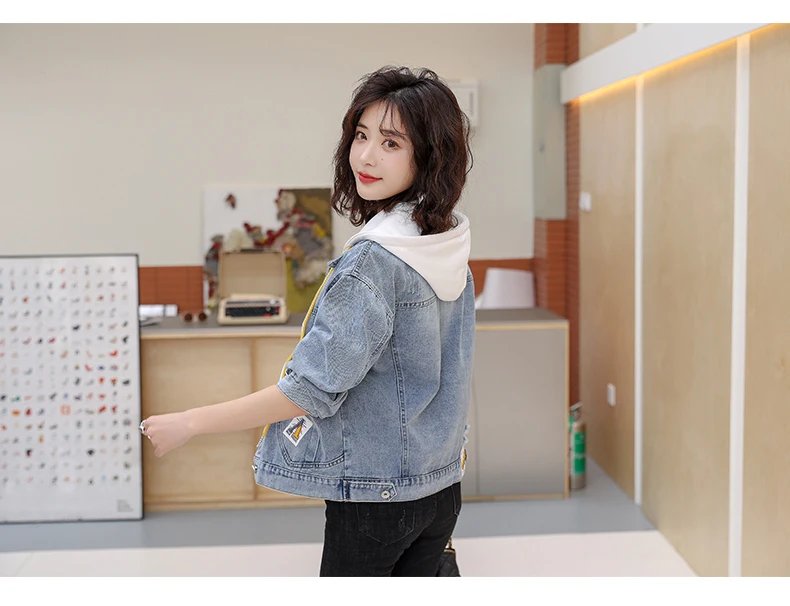 Denim Jacket for Women Blue Hooded Patchwork Outerwear Spring Autumn Woman Jean Coat Cowgirl Clothing 2024 Trend New Arrivals In
