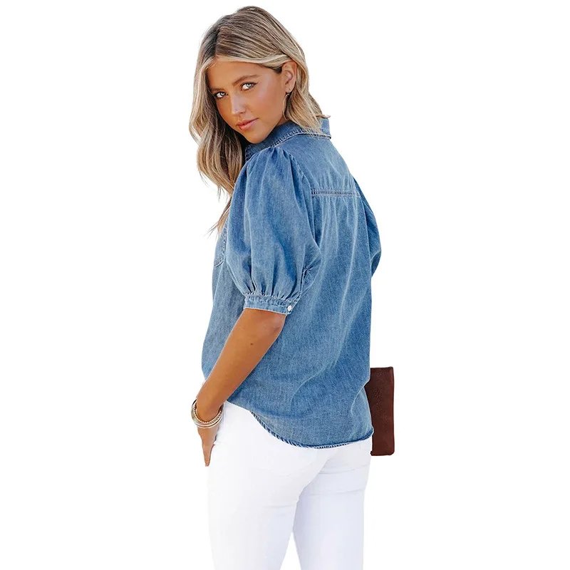 Solid Casual Loose Denim Shirts For Women 2023 Summer Vintage Women's Oversized Shirts And Blouses Fashion Youth Female Tops