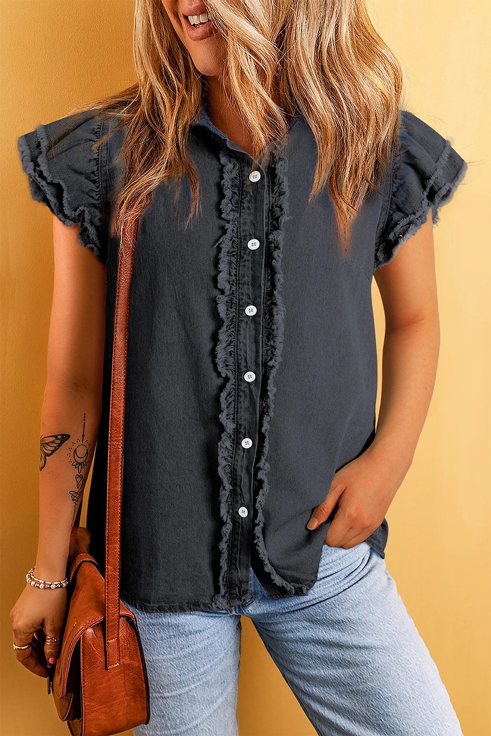 2024 Summer New Women's Ruffled Denim Shirt Personalized Loose Solid Color Design Sleeveless Vest Tops