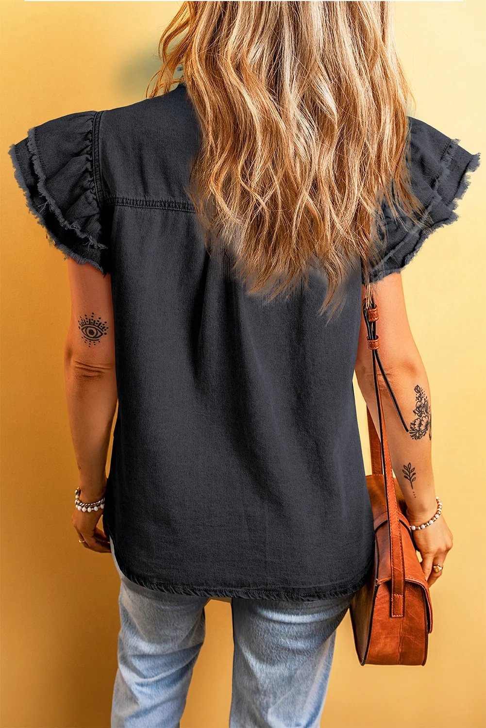 2024 Summer New Women's Ruffled Denim Shirt Personalized Loose Solid Color Design Sleeveless Vest Tops