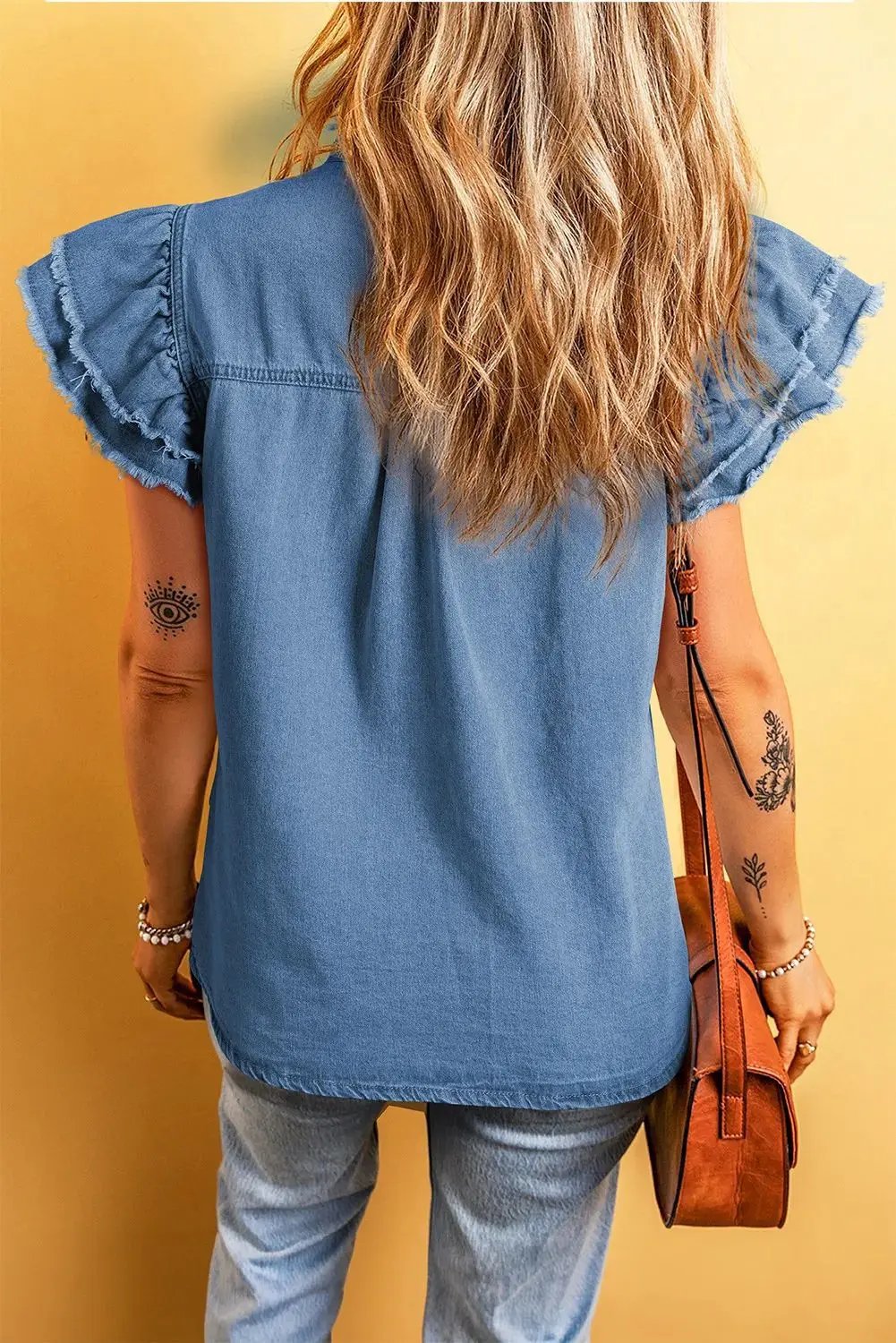 2024 Summer New Women's Ruffled Denim Shirt Personalized Loose Solid Color Design Sleeveless Vest Tops