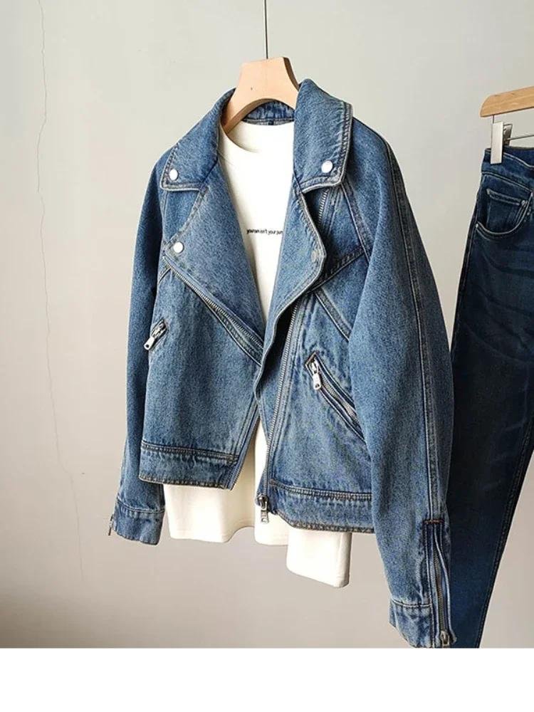 Fitaylor Spring Autumn Women Denim Jacket Casual Lady Moto Biker Coat Vintage Lapel Zipper Jacket