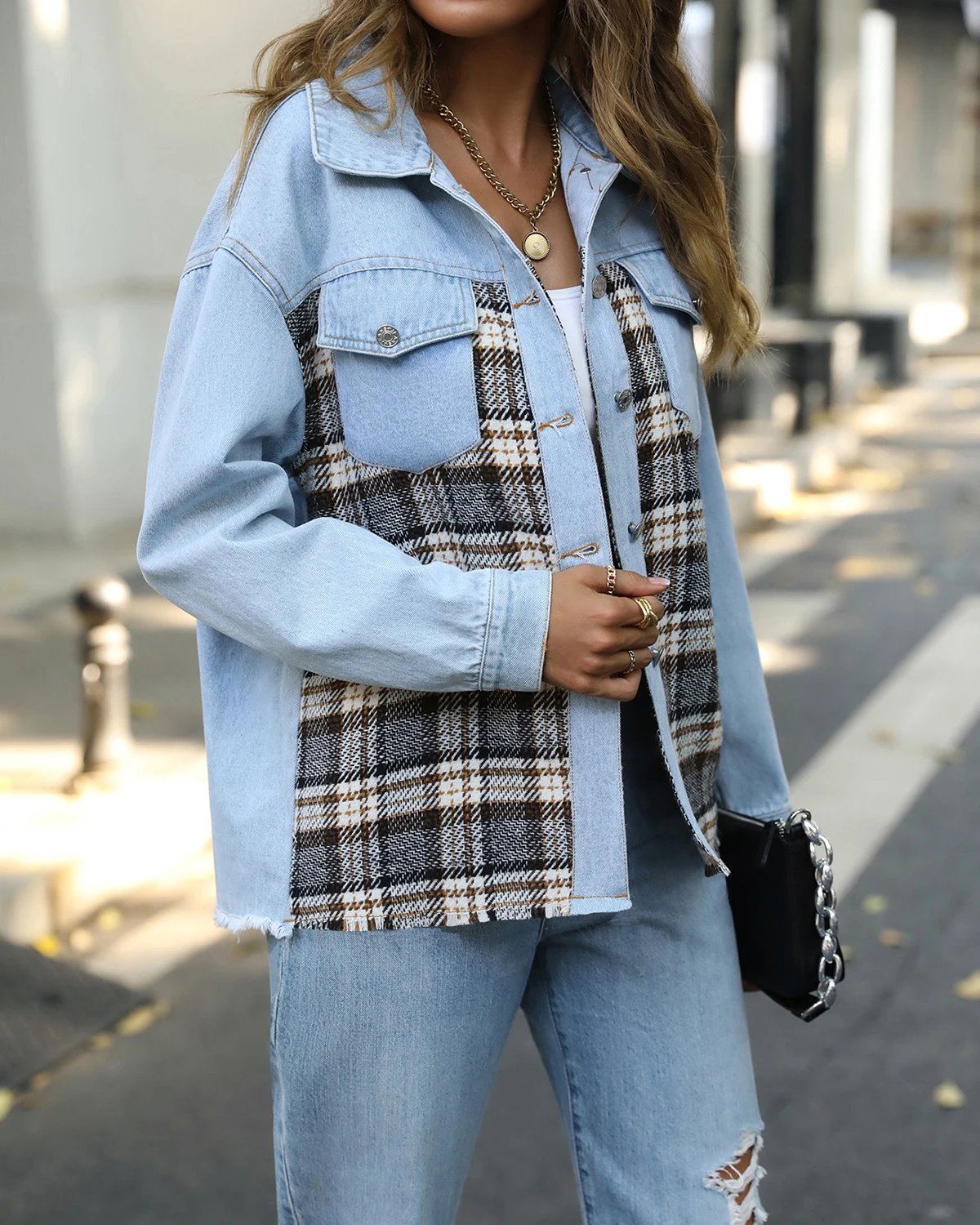 Fitaylor Spring Autumn Women Casual Lapel Button Denim Jacket Lady Vintage Plaid Patchwork Denim Jacket Coat