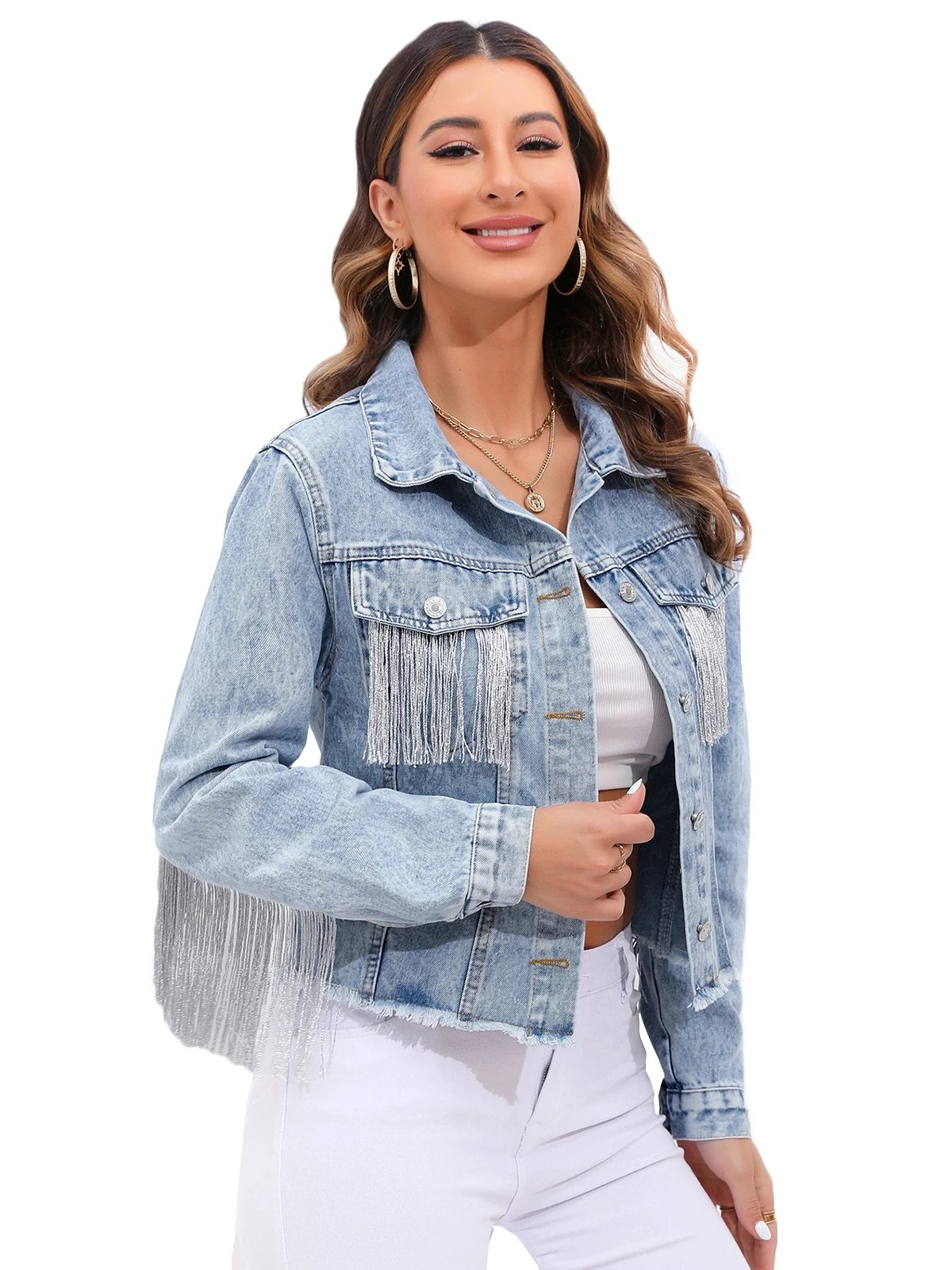 Fitaylor Women Denim Jacket Casual Lady Tassels Single Breasted Denim Coat High Street Denim Outwear