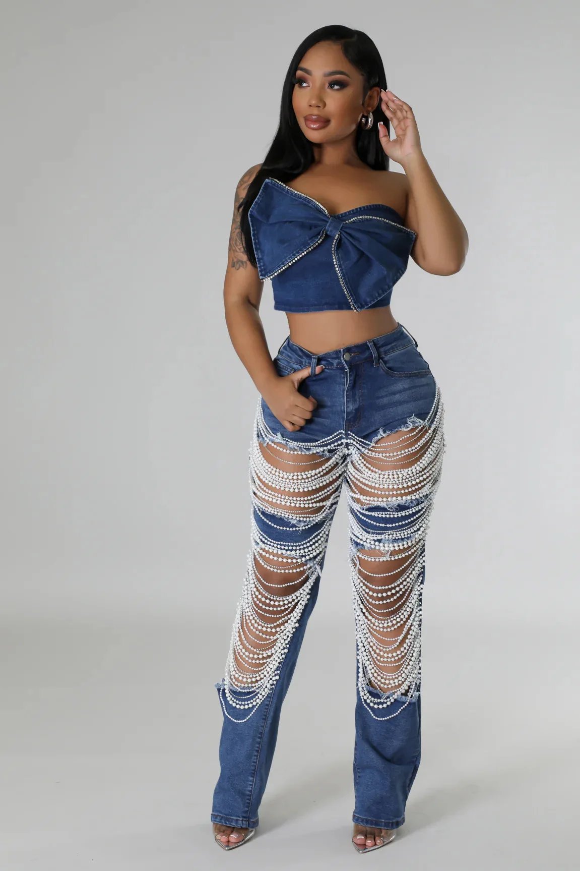 Women Big Hole Pearl Chain Ornaments Ladies Denim Straight Leg Pants Fashon Summer Sexy Full Length Pants Jeans