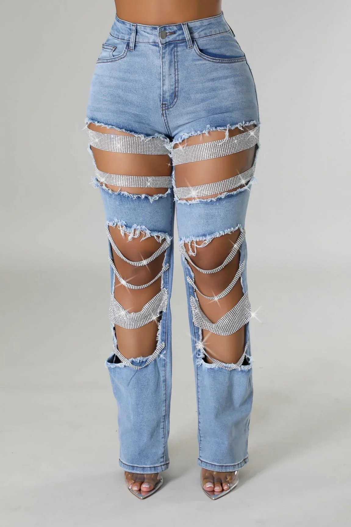 Women Big Hole Pearl Chain Ornaments Ladies Denim Straight Leg Pants Fashon Summer Sexy Full Length Pants Jeans