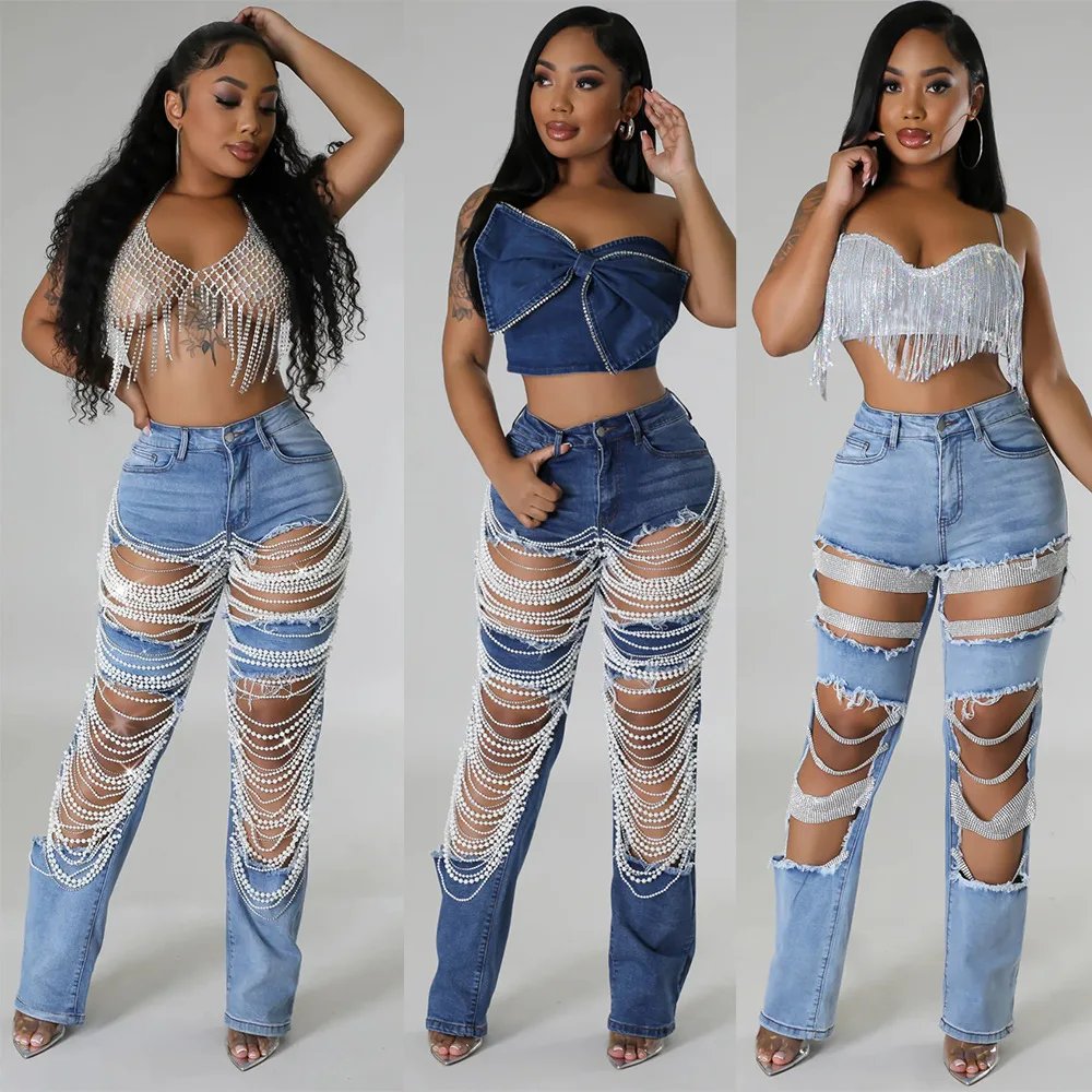 Women Big Hole Pearl Chain Ornaments Ladies Denim Straight Leg Pants Fashon Summer Sexy Full Length Pants Jeans