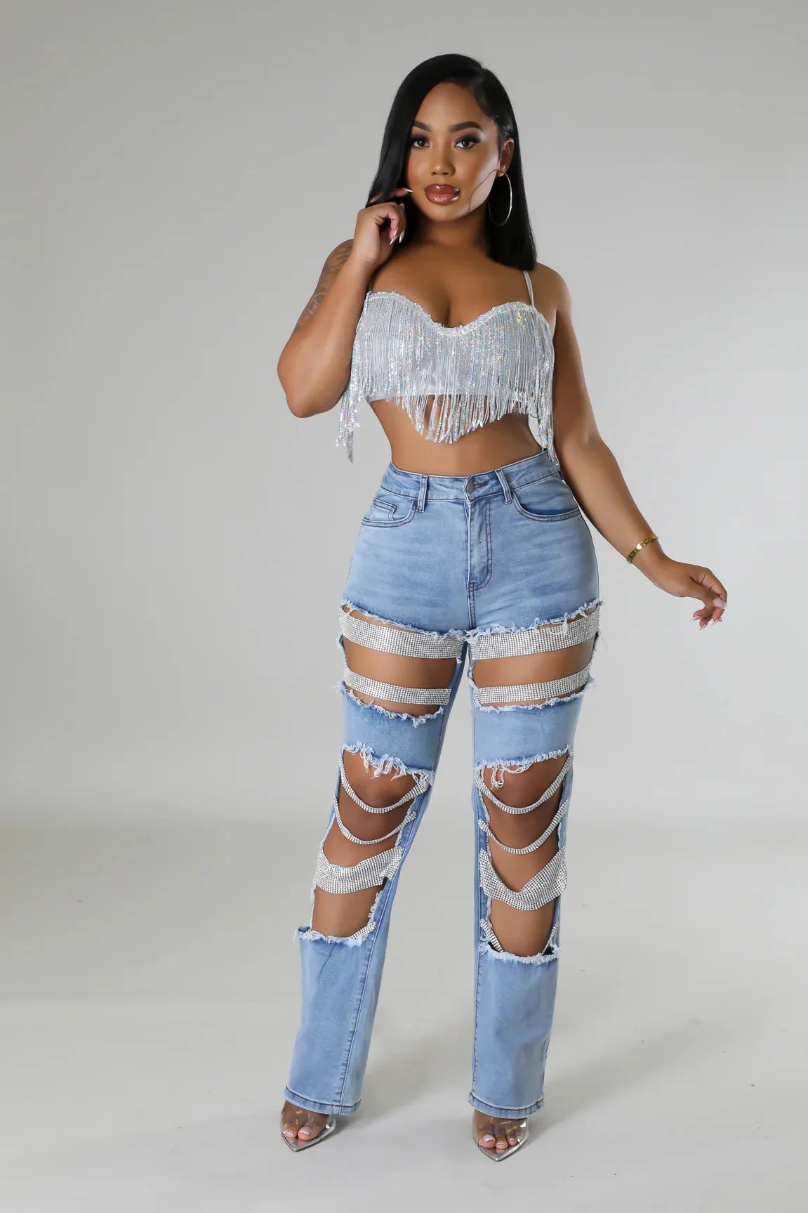 Women Big Hole Pearl Chain Ornaments Ladies Denim Straight Leg Pants Fashon Summer Sexy Full Length Pants Jeans