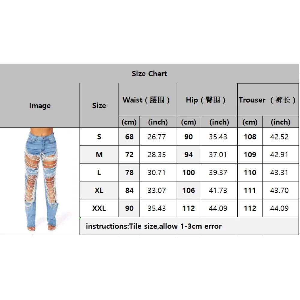 Big Hole Denim Women 2024 Bead Chain Straight Pants Beading Ripped Jeans for Women Black Pockets Jeans Elastic Slim Jean Female