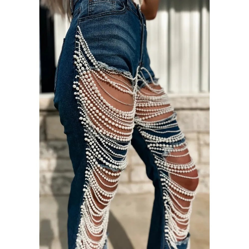 Big Hole Denim Women 2024 Bead Chain Straight Pants Beading Ripped Jeans for Women Black Pockets Jeans Elastic Slim Jean Female