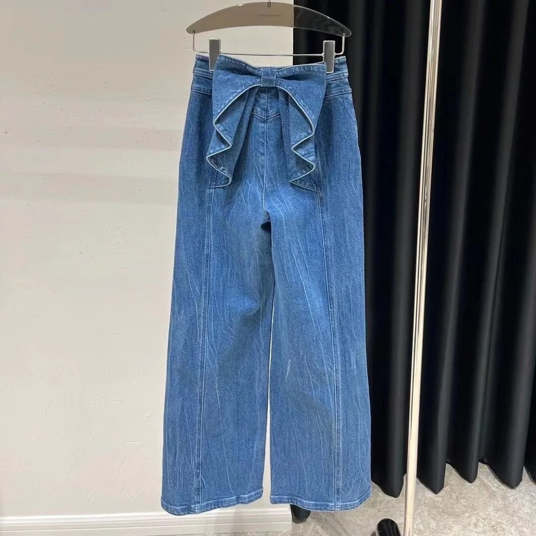 Sweet Style Street Blue American Retro Back Bow High Waisted Jeans for Women Spring New Niche Wide Leg Straight Leg Y2k Pants