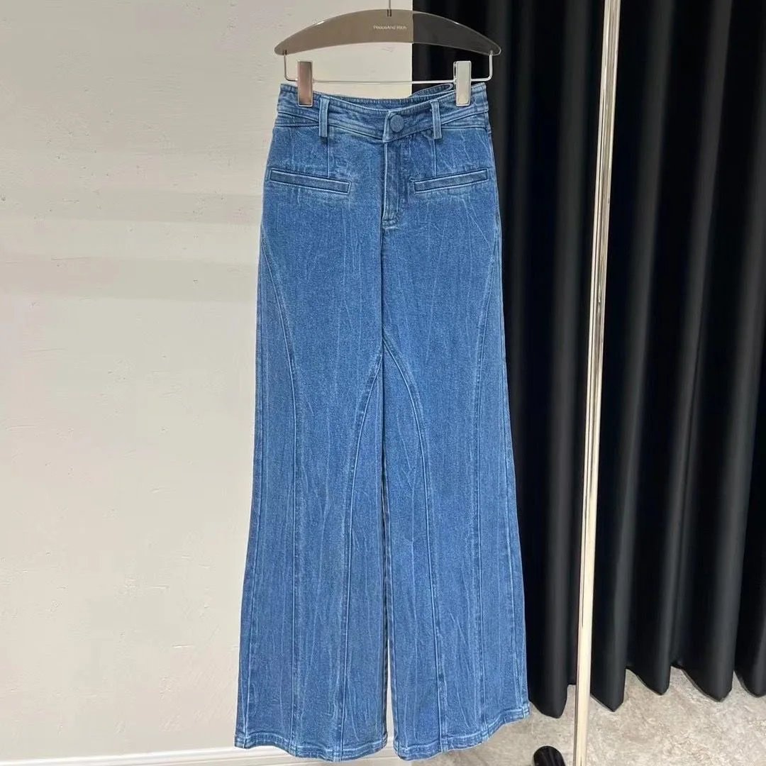 Sweet Style Street Blue American Retro Back Bow High Waisted Jeans for Women Spring New Niche Wide Leg Straight Leg Y2k Pants