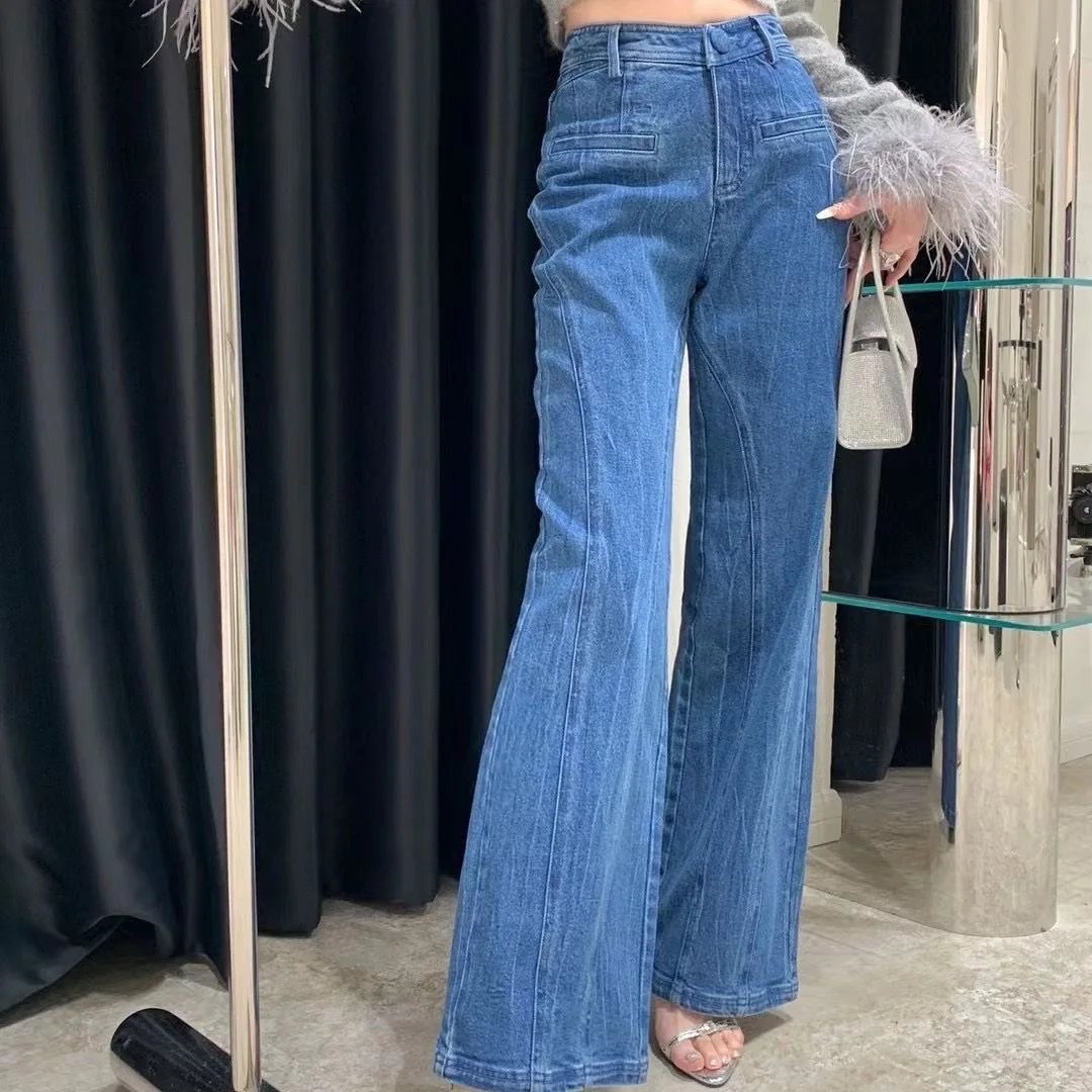 Sweet Style Street Blue American Retro Back Bow High Waisted Jeans for Women Spring New Niche Wide Leg Straight Leg Y2k Pants