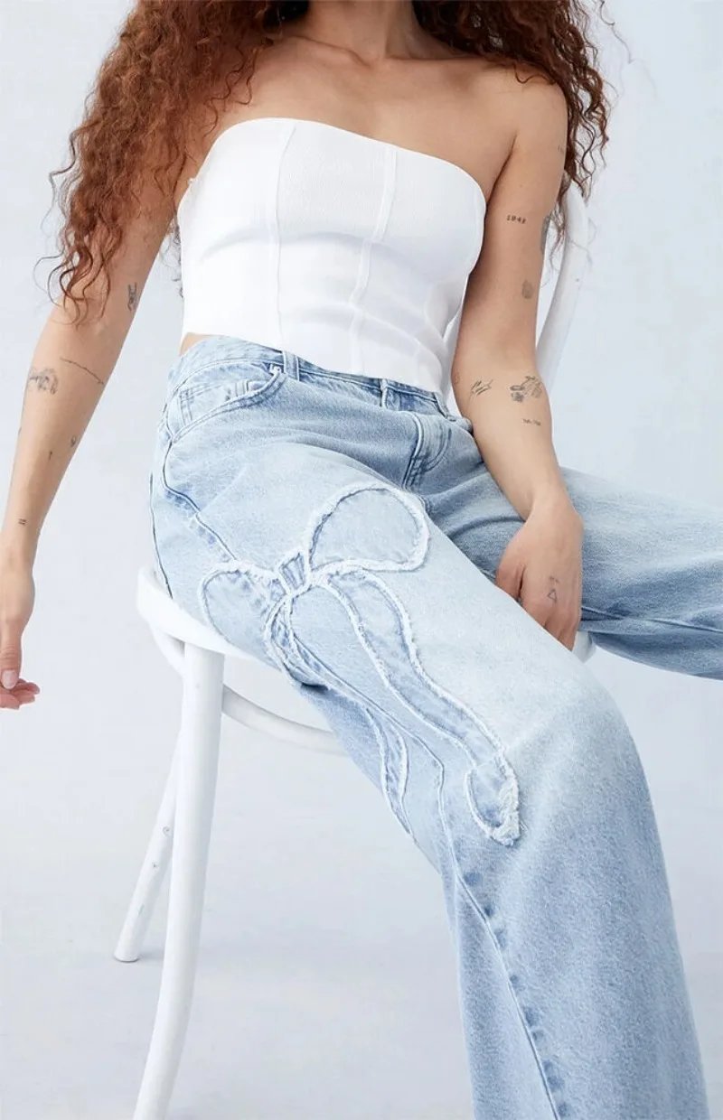 Streetwear New Fashion Bow Embroidered Baggy Jeans Women Y2K Harajuku Vintage Popular Casual Gothic High Waist Wide Leg Pants