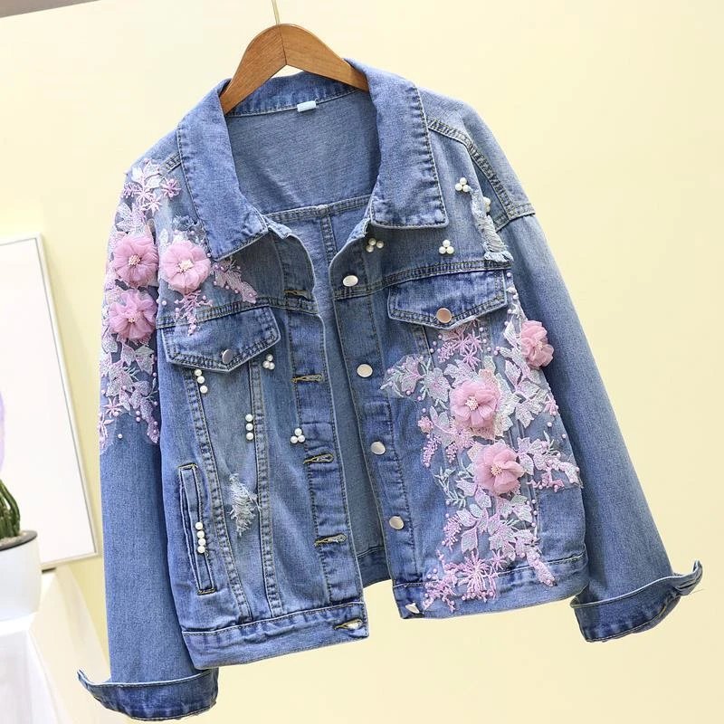 Women Floral Short Denim Jacket 2024 Lady Elegant Single Breasted Slim Jeans Coat Spring Autumn Outwear Basic Jacket