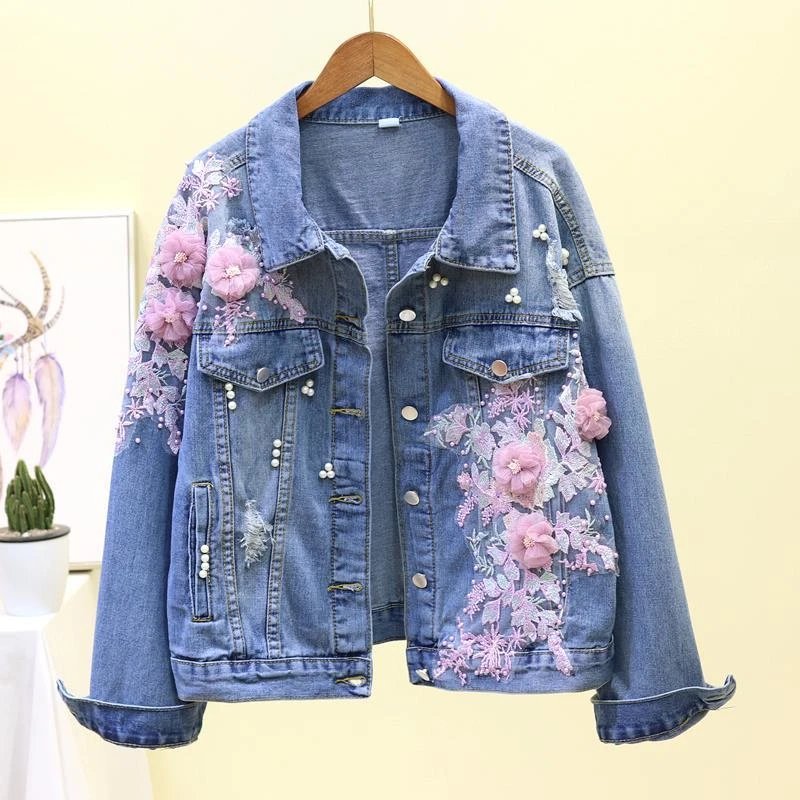 Women Floral Short Denim Jacket 2024 Lady Elegant Single Breasted Slim Jeans Coat Spring Autumn Outwear Basic Jacket