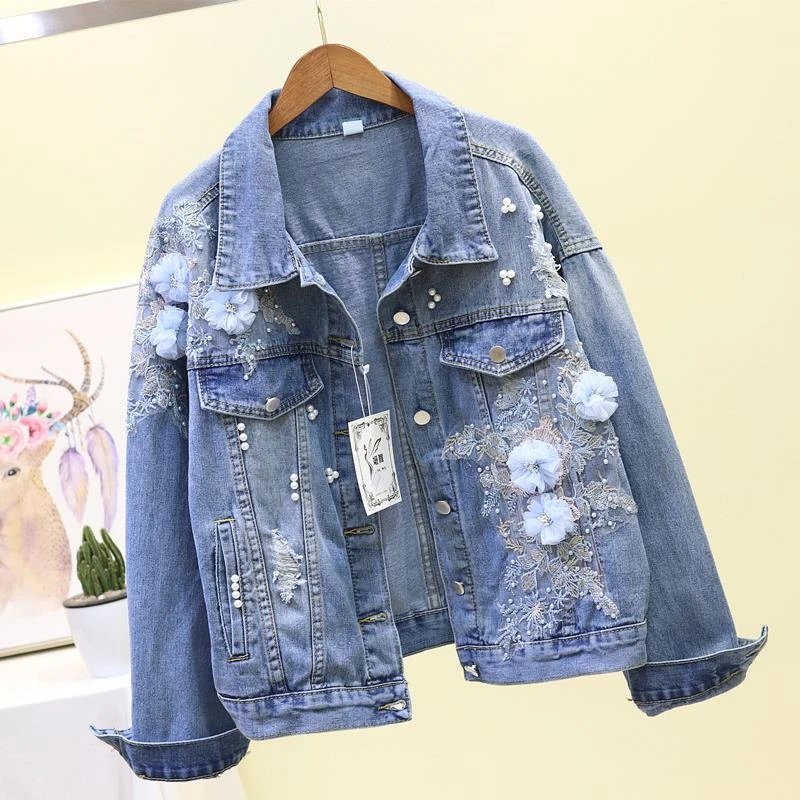 Women Floral Short Denim Jacket 2024 Lady Elegant Single Breasted Slim Jeans Coat Spring Autumn Outwear Basic Jacket