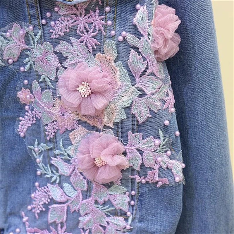 Women Floral Short Denim Jacket 2024 Lady Elegant Single Breasted Slim Jeans Coat Spring Autumn Outwear Basic Jacket