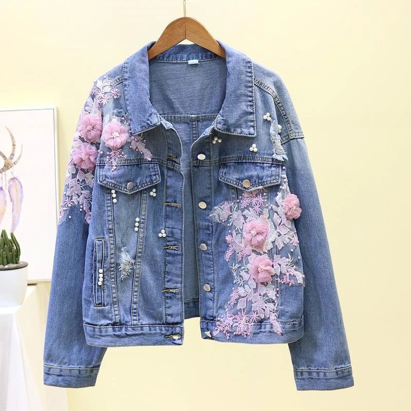 Women Floral Short Denim Jacket 2024 Lady Elegant Single Breasted Slim Jeans Coat Spring Autumn Outwear Basic Jacket