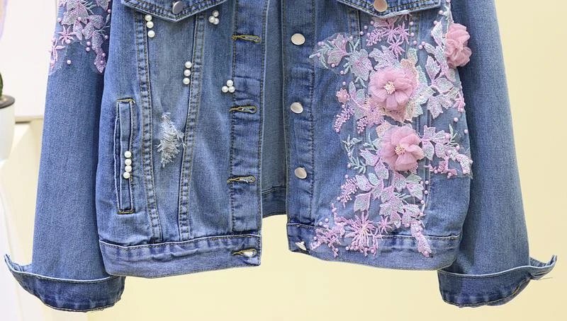 Women Floral Short Denim Jacket 2024 Lady Elegant Single Breasted Slim Jeans Coat Spring Autumn Outwear Basic Jacket