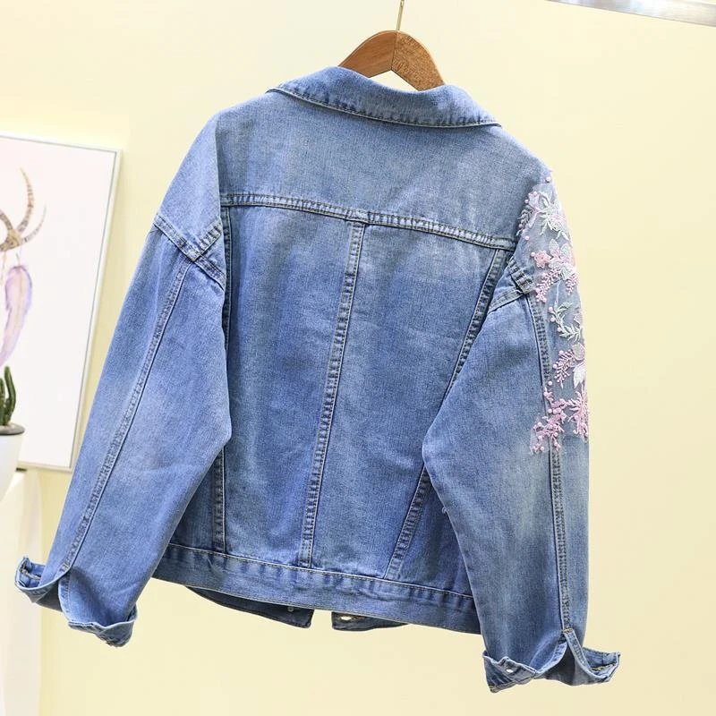 Women Floral Short Denim Jacket 2024 Lady Elegant Single Breasted Slim Jeans Coat Spring Autumn Outwear Basic Jacket