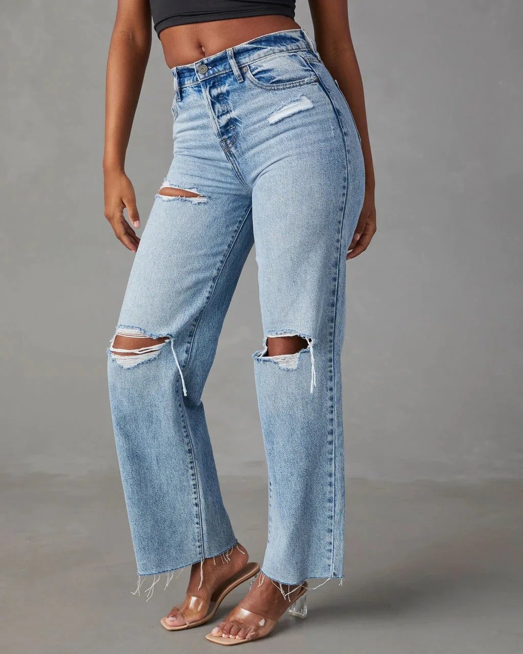 Women Mom Jeans Pencil Pant Long Pants Hollow Out Blue Elegant High Waist Elegant Wide Leg Streetwear Y2k Denim Trousers 2024