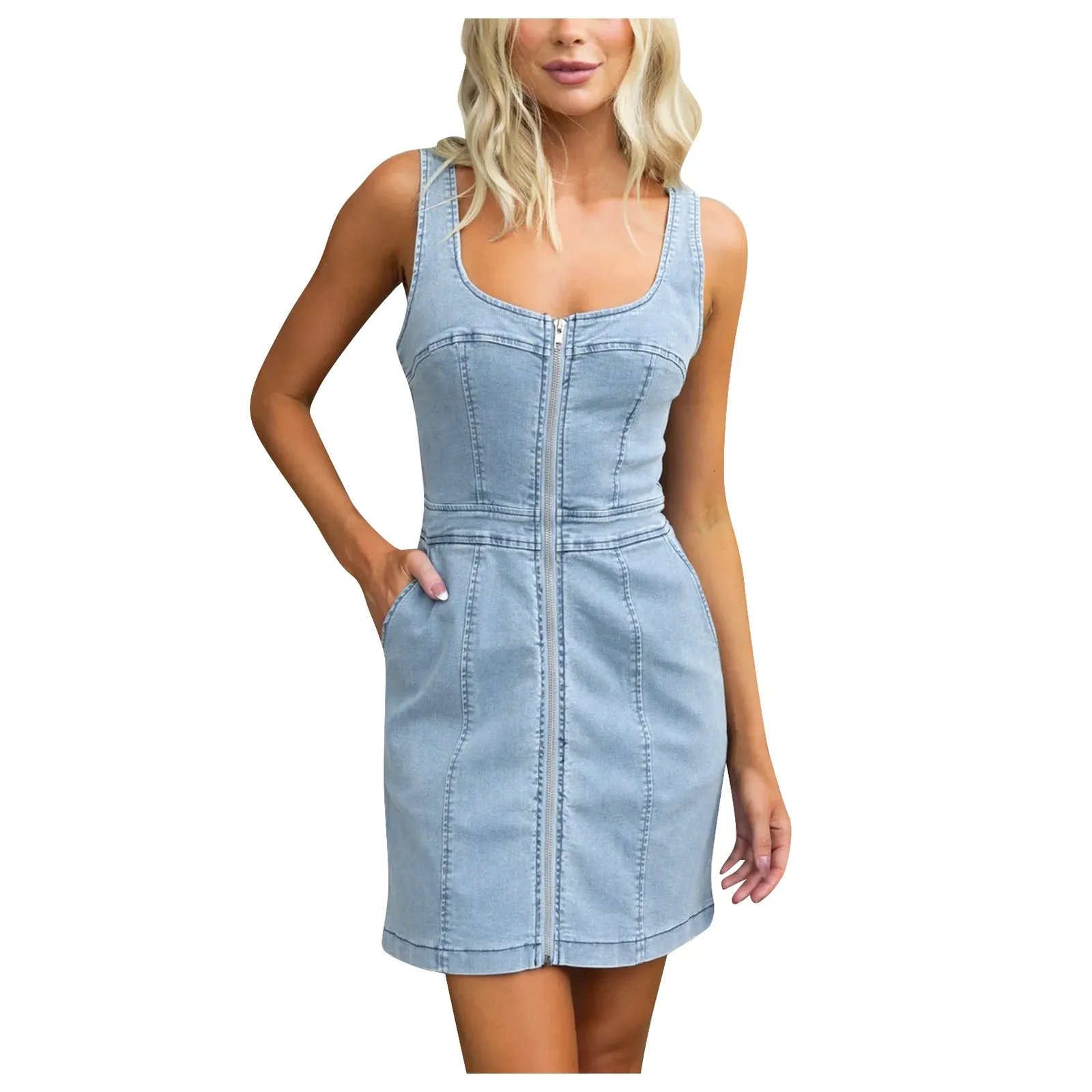 Women's U Neck Camisole Sleeveless Mini Denim Dress Casual Zipper Pocket Boducon Sundress Fashion Streetwear Bench Summer Dress