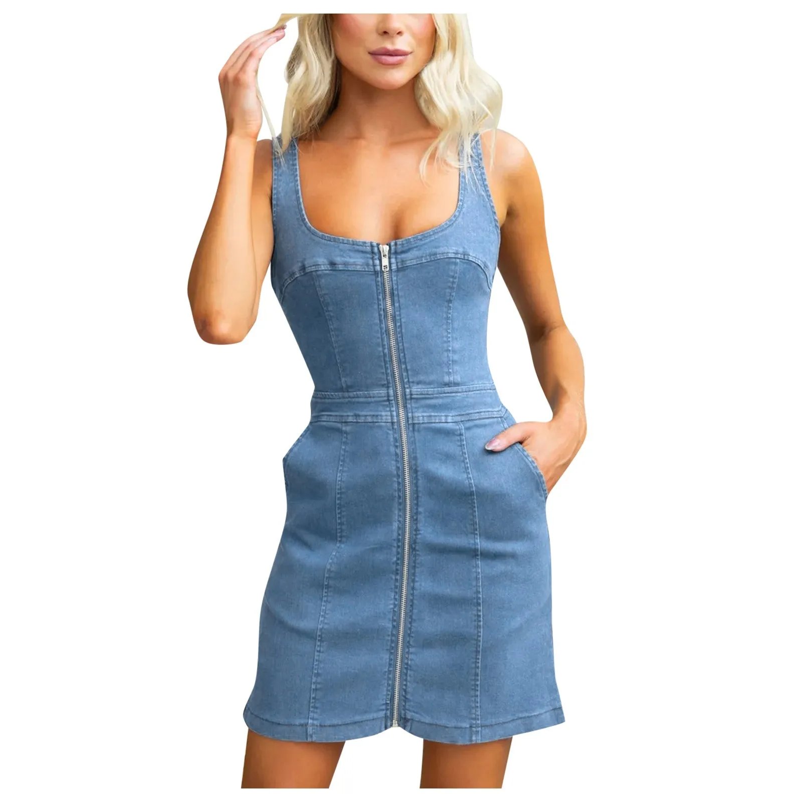 Women's U Neck Camisole Sleeveless Mini Denim Dress Casual Zipper Pocket Boducon Sundress Fashion Streetwear Bench Summer Dress