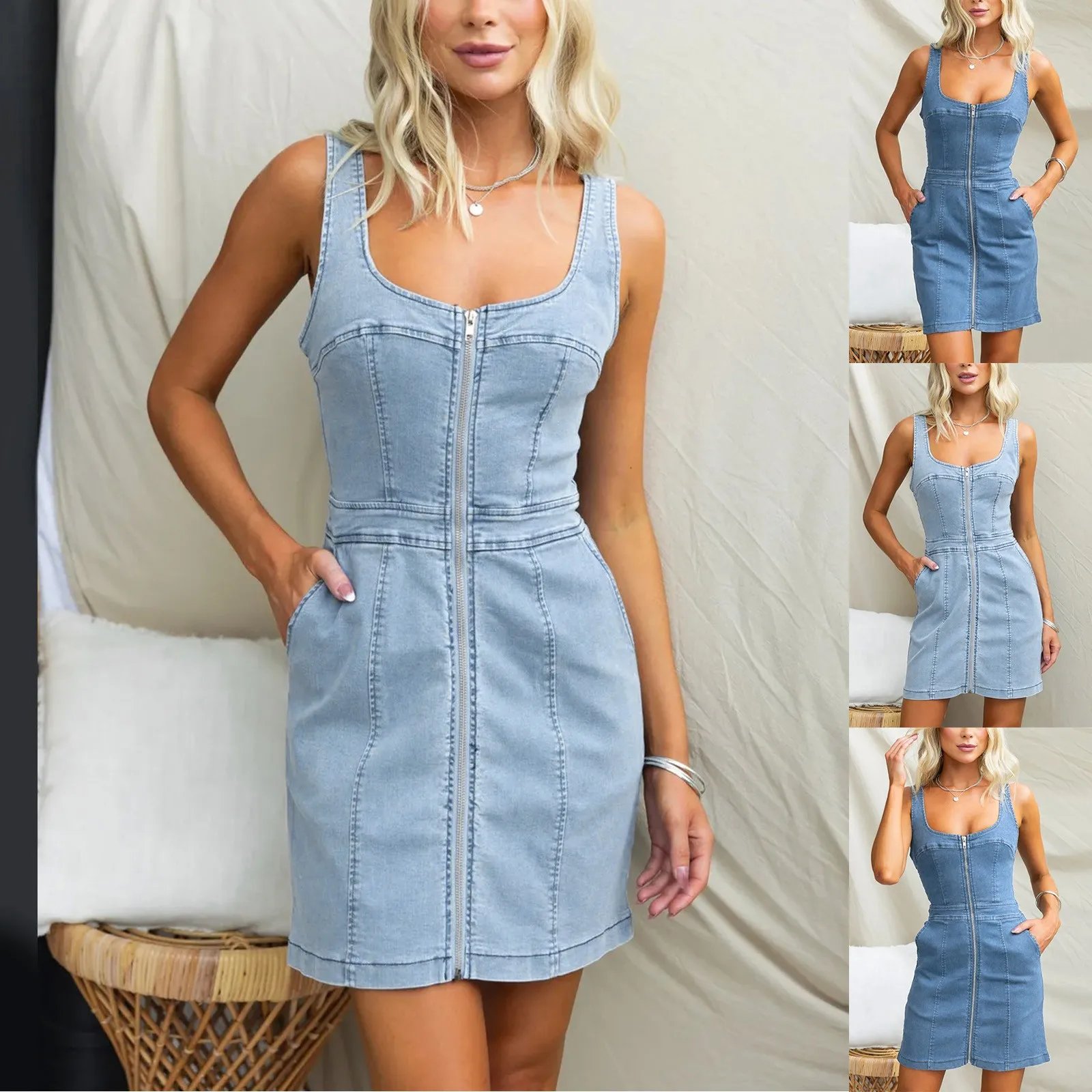 Women's U Neck Camisole Sleeveless Mini Denim Dress Casual Zipper Pocket Boducon Sundress Fashion Streetwear Bench Summer Dress