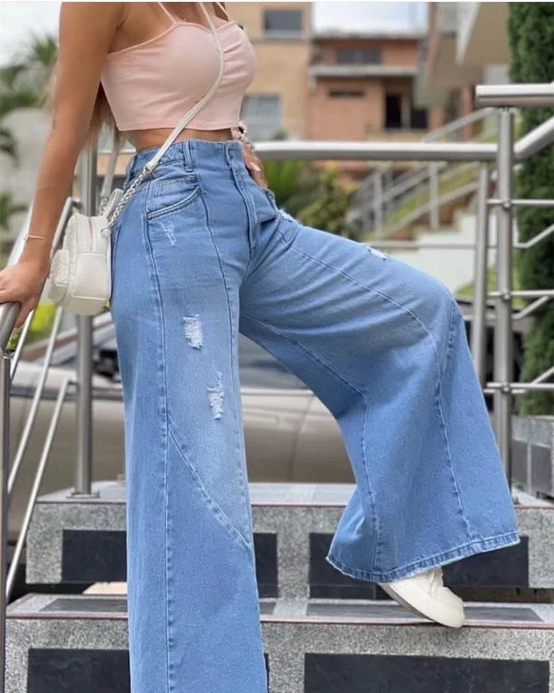 2024 Summer New Jeans Women's European and American Spicy Girl Jeans Loose Hole Sexy Split Wide Leg Pants Shopee Women's Pants