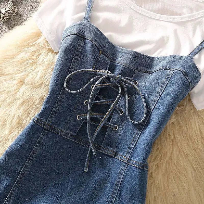 Women Sexy Jean Dress Fashion Spaghetti Strap Dresses Elegant Lace Up 2022 New Female Bodycon Mini A-line Dress