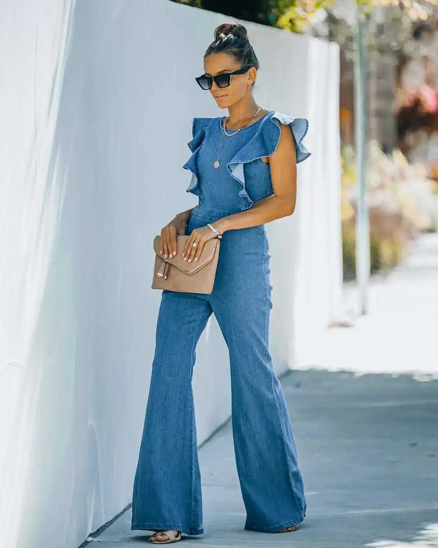 TEELYNN Vintage Ruffles Sleeve Denim Jumpsuits for Women Casual O-neck Sexy Backless Wide Leg Overalls Summer Ladies Jumpsuit