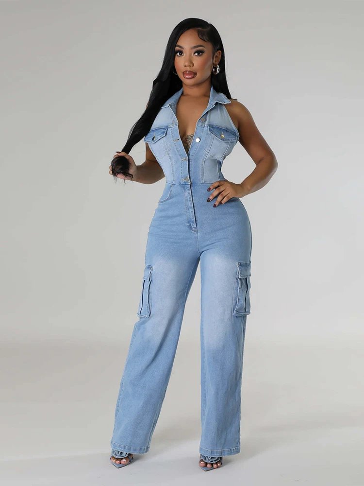 Denim Jumpsuit with Straight Pants Summer One Piece Sexy Halter Jumpsuit Stretchy Jeans Jumpsuit Women Wholesale Dropshipping