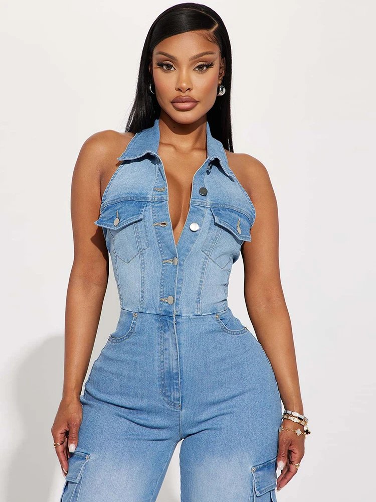 Denim Jumpsuit with Straight Pants Summer One Piece Sexy Halter Jumpsuit Stretchy Jeans Jumpsuit Women Wholesale Dropshipping