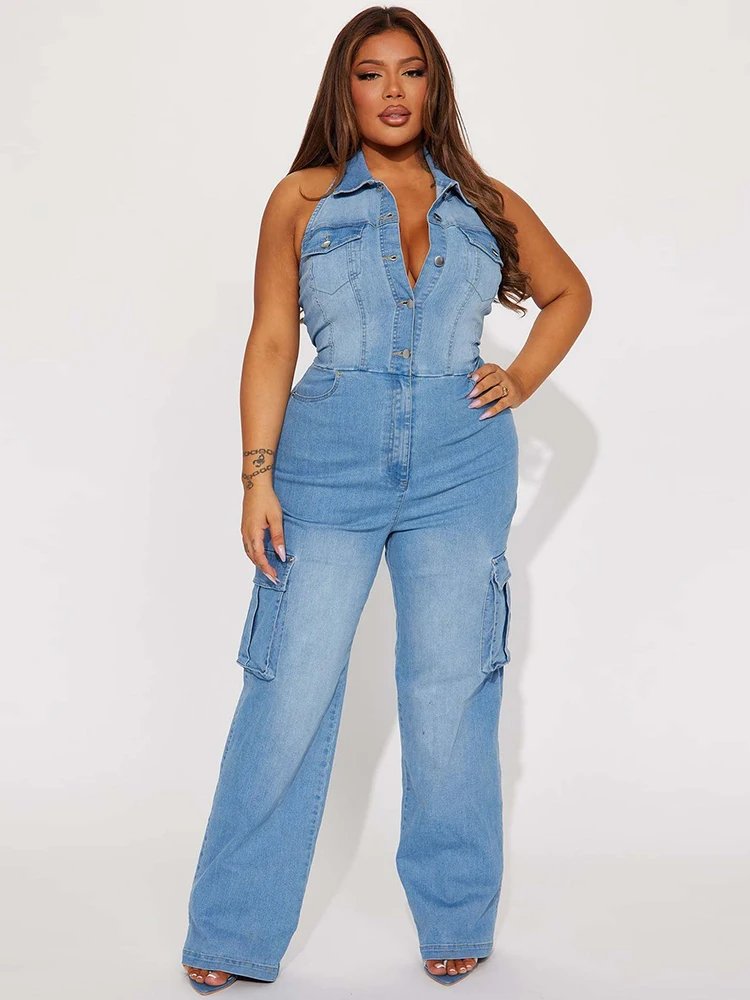 Denim Jumpsuit with Straight Pants Summer One Piece Sexy Halter Jumpsuit Stretchy Jeans Jumpsuit Women Wholesale Dropshipping