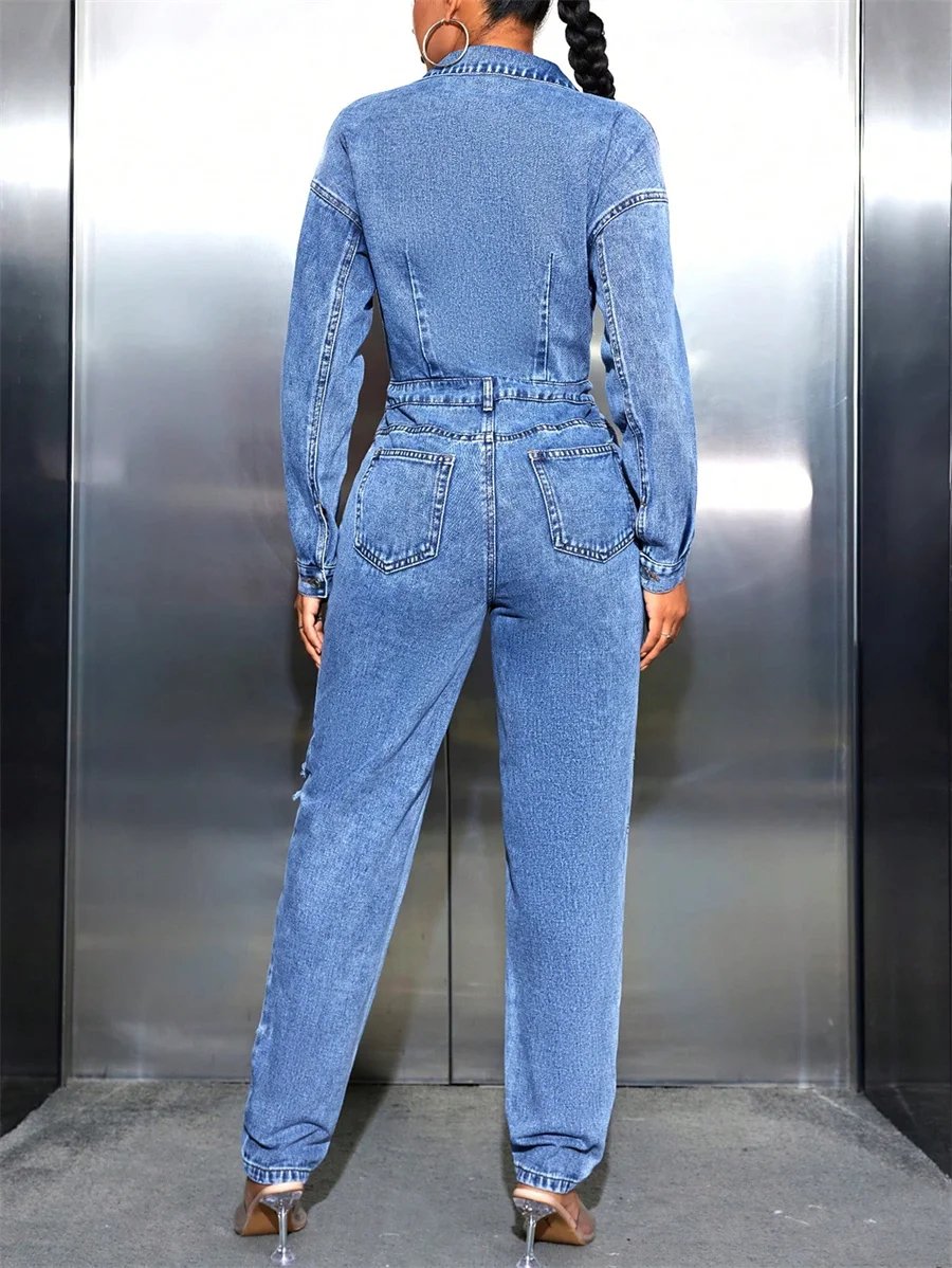 Benuynffy Half Button Casual Ripped Denim Jumpsuit Women's Spring Fall Streetwear Long Sleeve High Waist Fashion Slim Jumpsuits