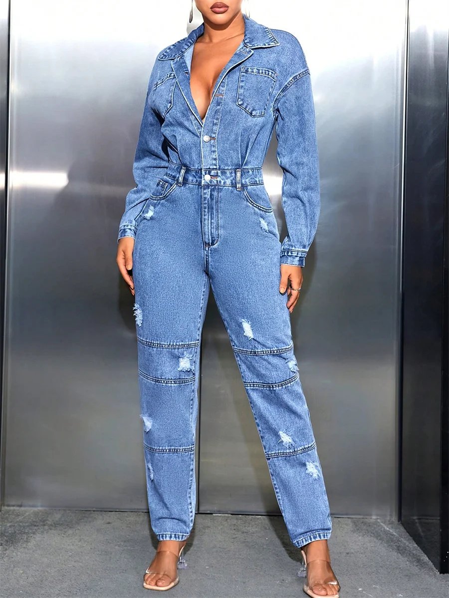 Benuynffy Half Button Casual Ripped Denim Jumpsuit Women's Spring Fall Streetwear Long Sleeve High Waist Fashion Slim Jumpsuits