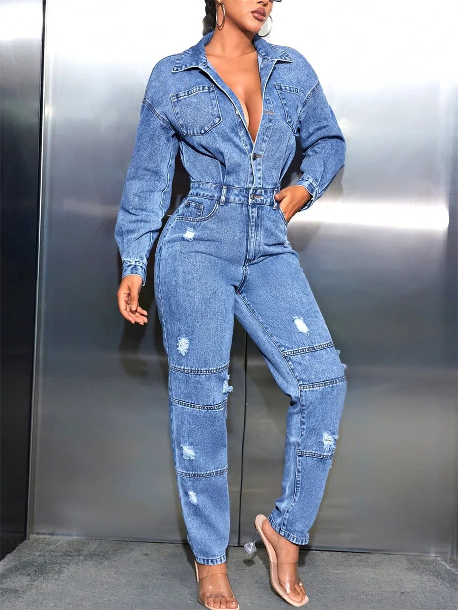 Benuynffy Half Button Casual Ripped Denim Jumpsuit Women's Spring Fall Streetwear Long Sleeve High Waist Fashion Slim Jumpsuits