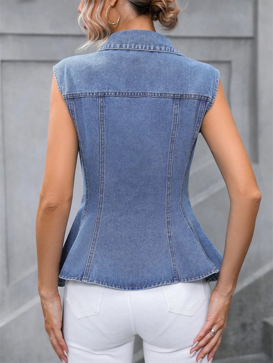 Benuynffy Single Breasted Denim Shirt Women Spring Summer Turn-down Collar Peplum Top Vintage Office Sleeveless Jean Blouses