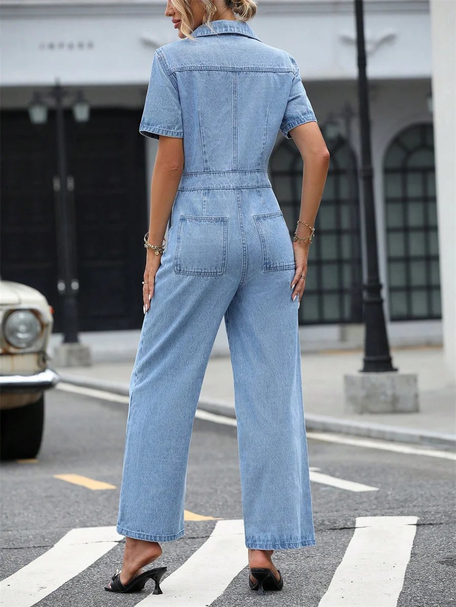 Benuynffy Summer Short Sleeve Denim Jumpsuit Women Pockets Casual Loose Wide Leg Pants Streetwear Half Button Jean Overalls