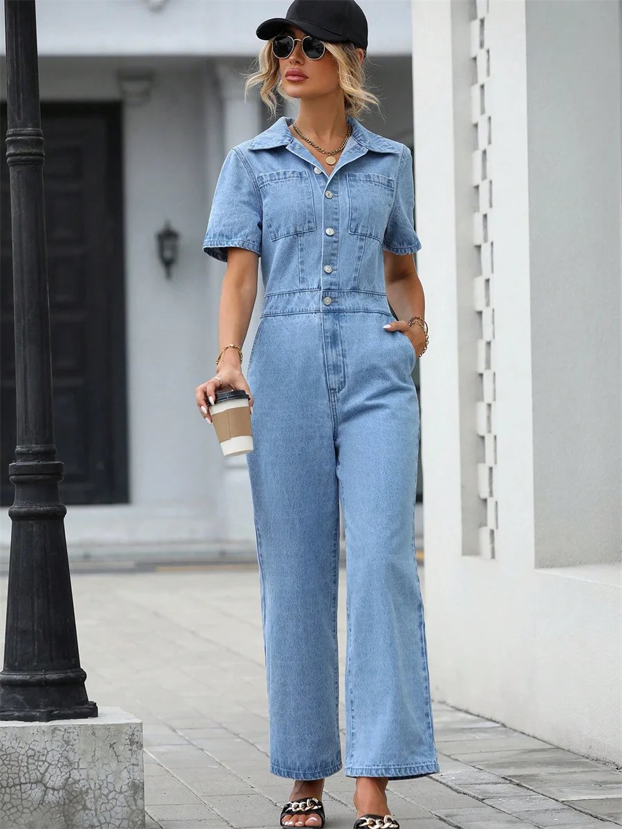 Benuynffy Summer Short Sleeve Denim Jumpsuit Women Pockets Casual Loose Wide Leg Pants Streetwear Half Button Jean Overalls