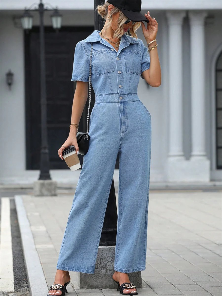 Benuynffy Summer Short Sleeve Denim Jumpsuit Women Pockets Casual Loose Wide Leg Pants Streetwear Half Button Jean Overalls