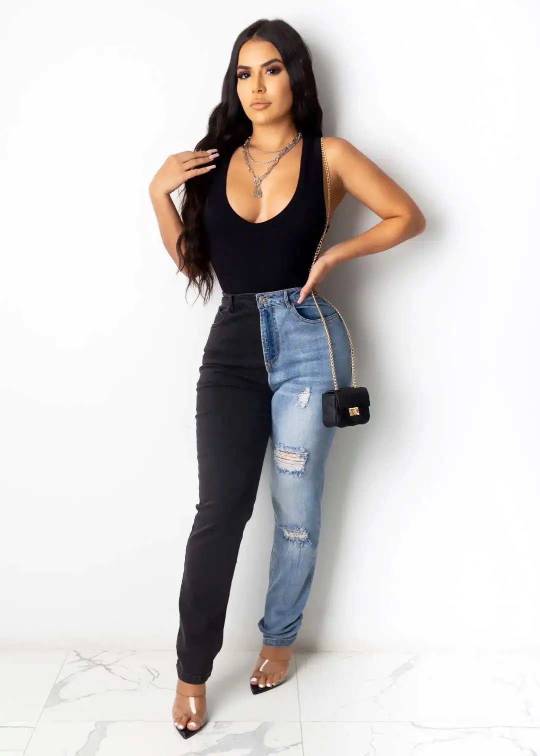 2021 Hot Sale Black Blue Contrast Color High Waist Jeans For Women Fashion Hole Stretch Denim Pencil Pants Hipster Trousers